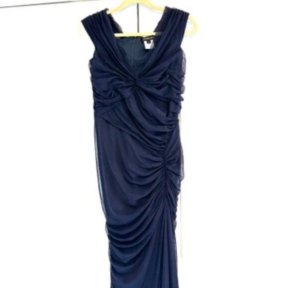 SZL TADASHI SHOJI NAVY FULL LENGTH STRETCH GRECIAN RUCHED EVENING GOWN USED - Picture 1 of 10